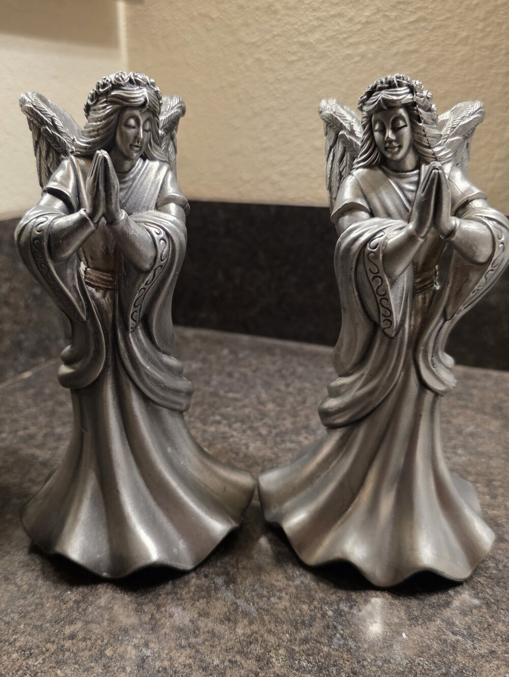 7" Vintage Praying Angel Metal Pewter Christian Candle Sticks Holder Candlestick